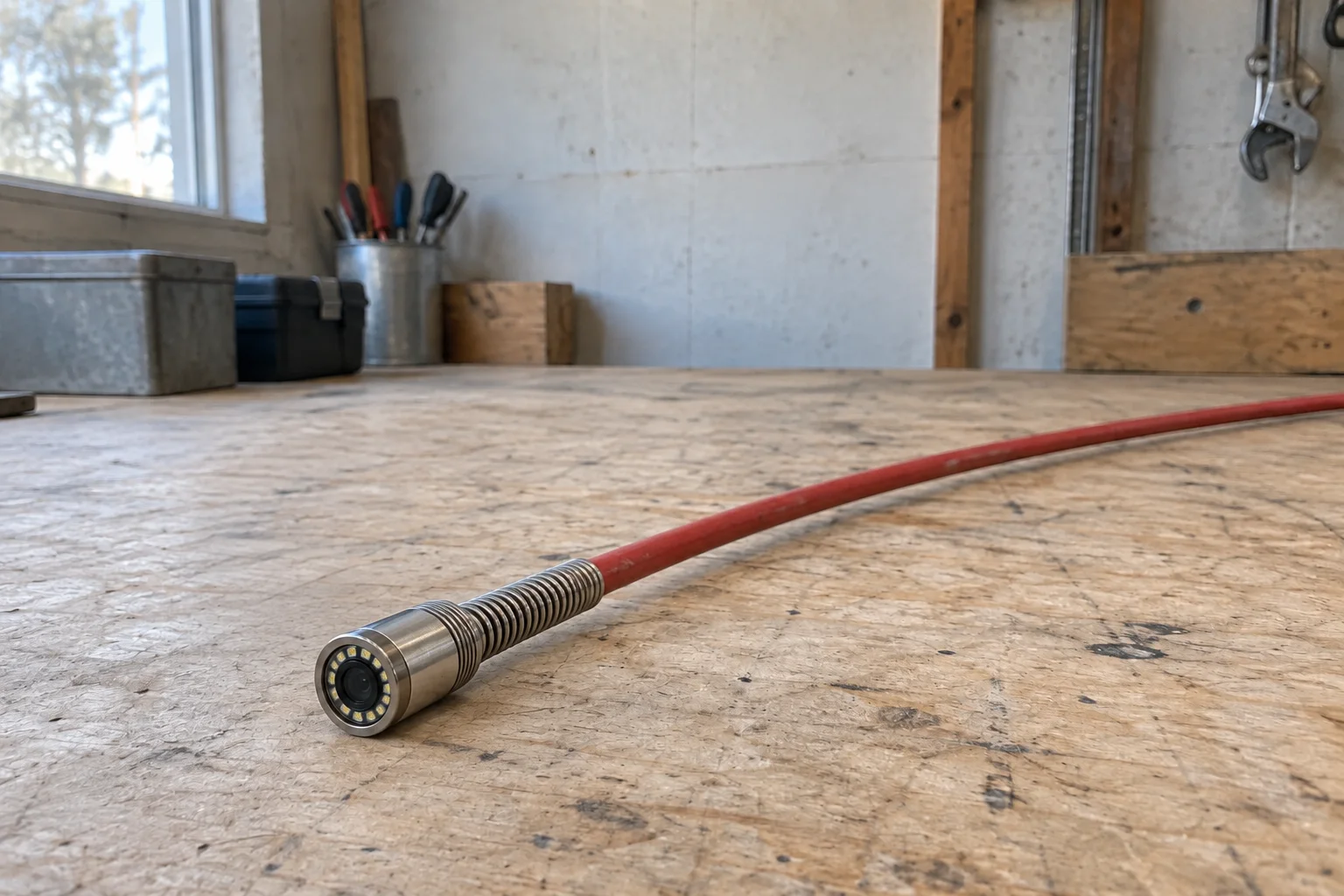 Sewer inspection camera head connected to a red push rod