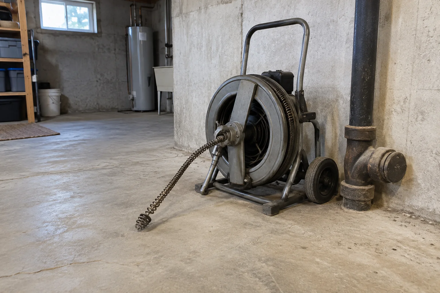 Mechanical sewer rodding machine beside a basement cleanout